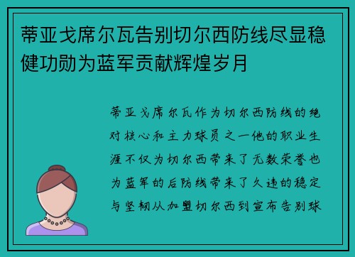 蒂亚戈席尔瓦告别切尔西防线尽显稳健功勋为蓝军贡献辉煌岁月